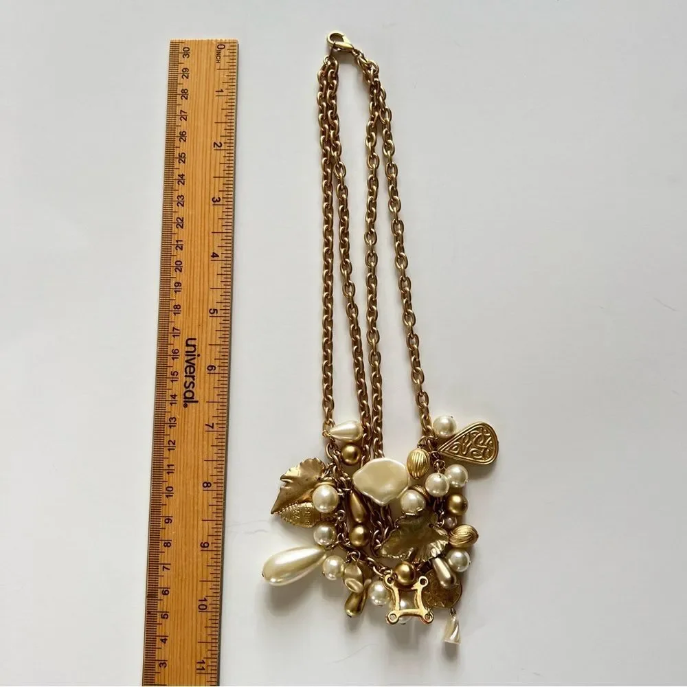 Pearl Gold Tone Dual Chain Charm Necklace